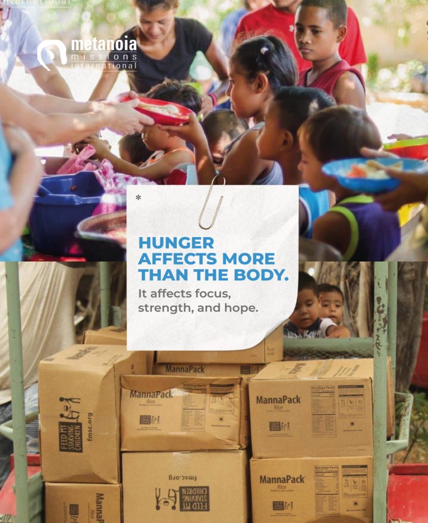 Post de Metanoia Missions International sobre el hambre y la entrega de alimentos, pieza para redes